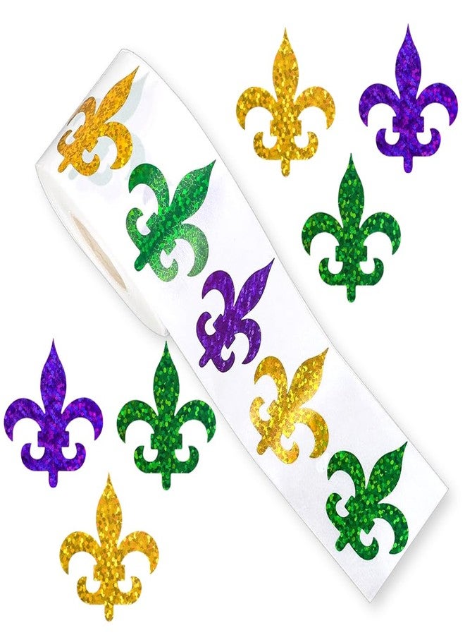 RUPOFUZA 500Pcs Mardi Gras Stickers Roll 1.2in Laser Fleur de Lis Seal Stickers Yellow Green Purple Waterproof Label Tag Self-Adhesive Decals for Carnival Party Supplies Envelope Journal Decorations - Image 1